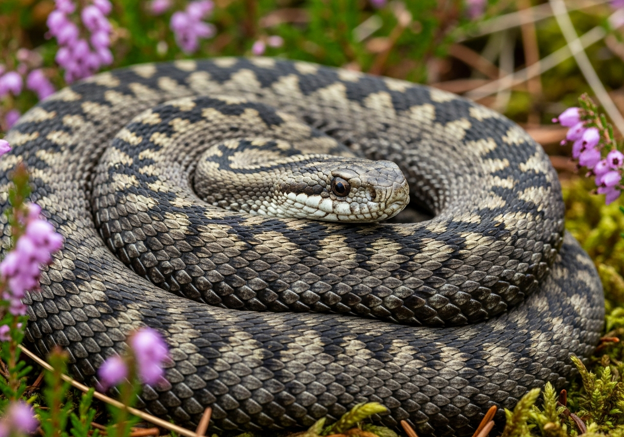 European adder with a dark zigzag pattern coiled on heathland among heather