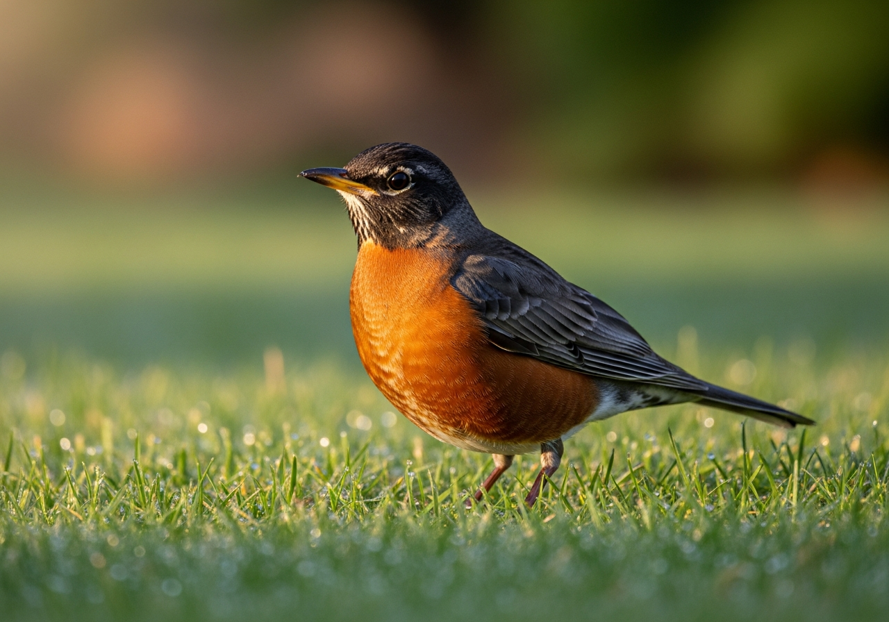 American robin with orange-red breast standing on green grass