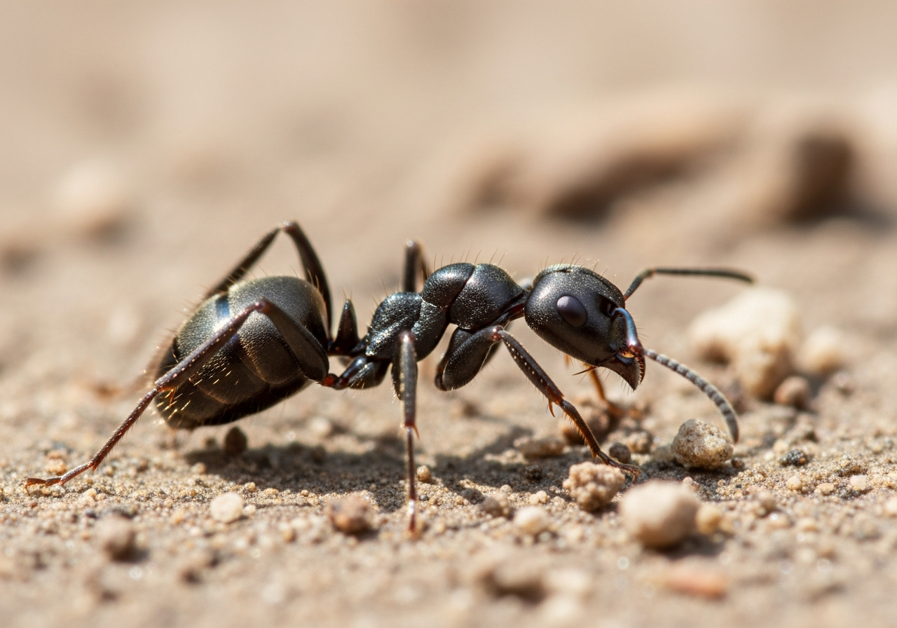 Close-up of a black ant standing on soil
