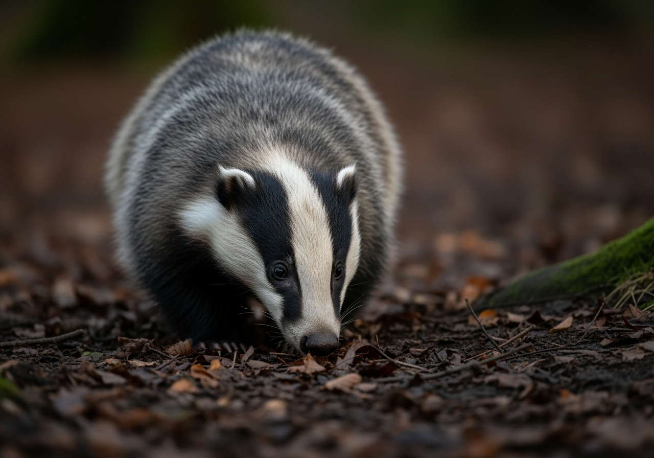 European badger with a black-and-white striped face foraging on a woodland floor at dusk