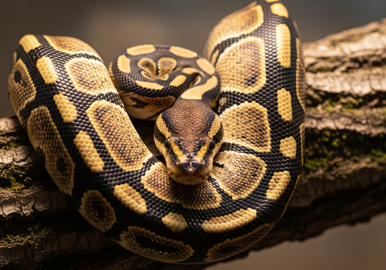 Ball python coiled on a textured branch with patterned scales