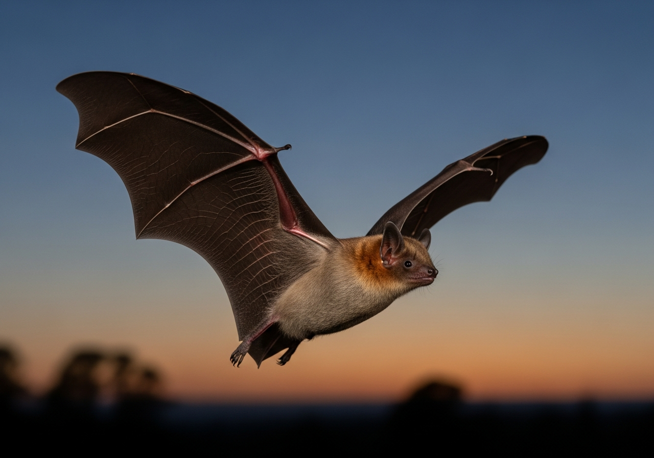 Bat with outstretched skin-membrane wings flying against a dark night sky