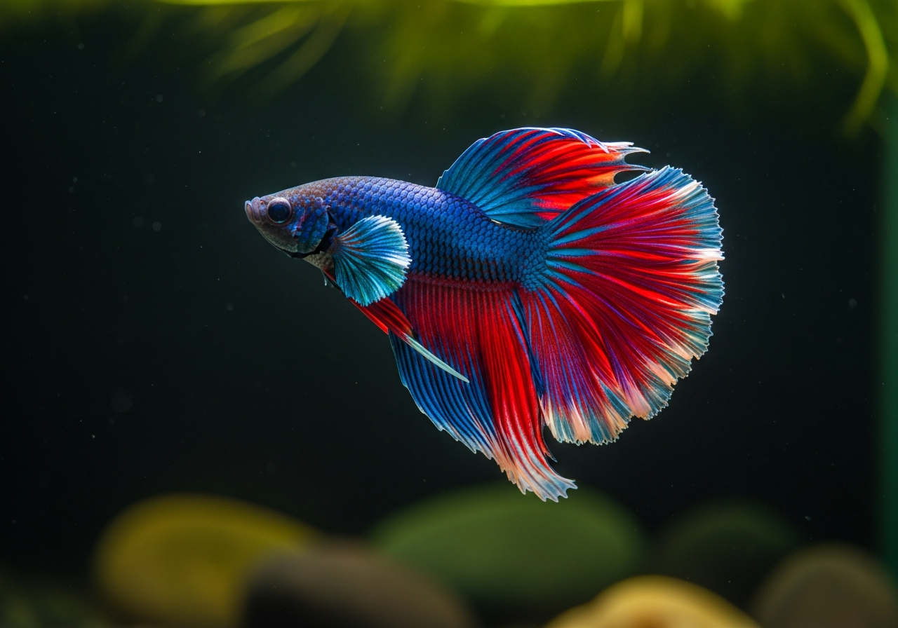 Vibrant blue and red betta fish with flowing fins in an aquarium