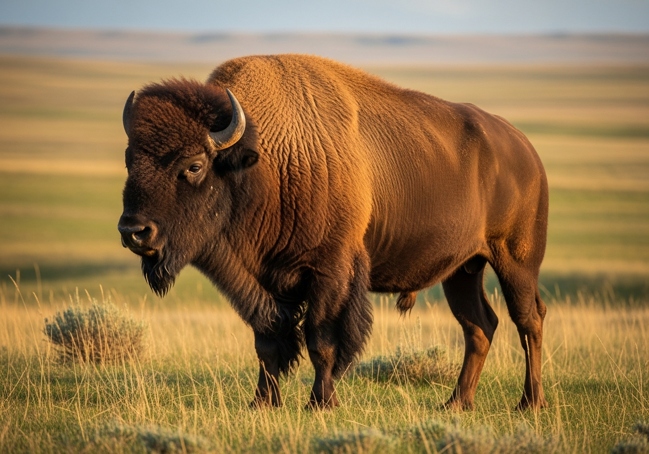 American bison with a shaggy dark brown coat and curved horns standing on open prairie