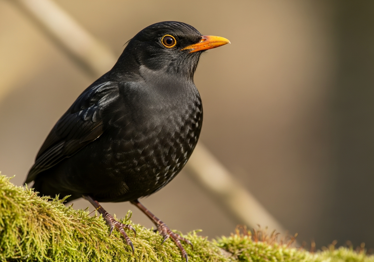 Male common blackbird with glossy black plumage and orange-yellow beak on a mossy branch