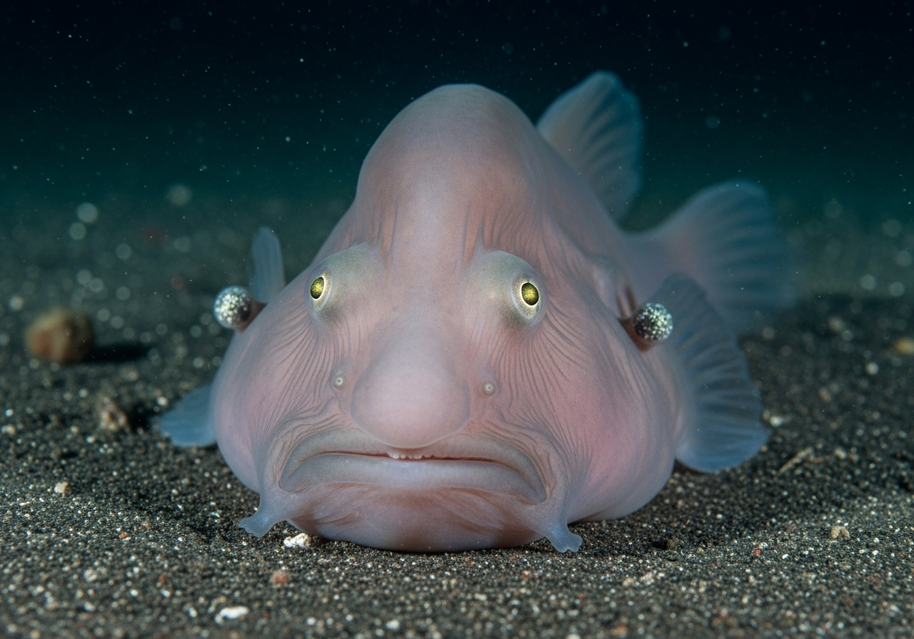 Blobfish specimen with its characteristic droopy, gelatinous appearance after being brought to the surface from the deep sea