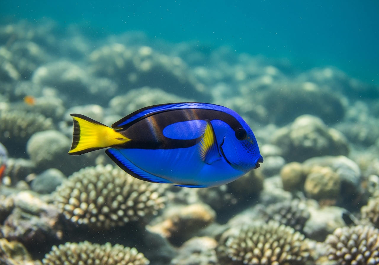 Bright royal blue tang fish with a yellow tail swimming over a coral reef