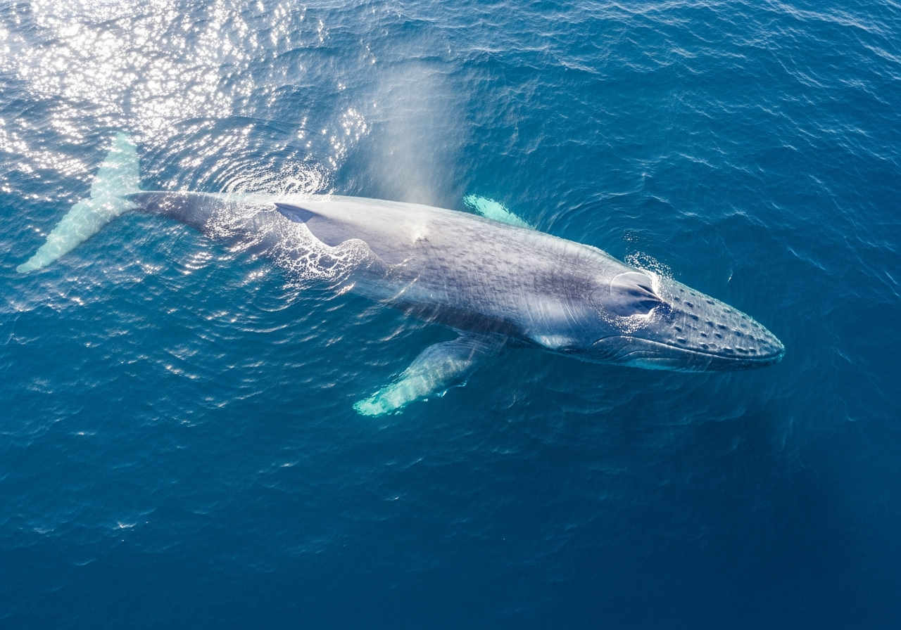 Blue whale swimming near the ocean surface seen from above, dwarfing the surrounding water