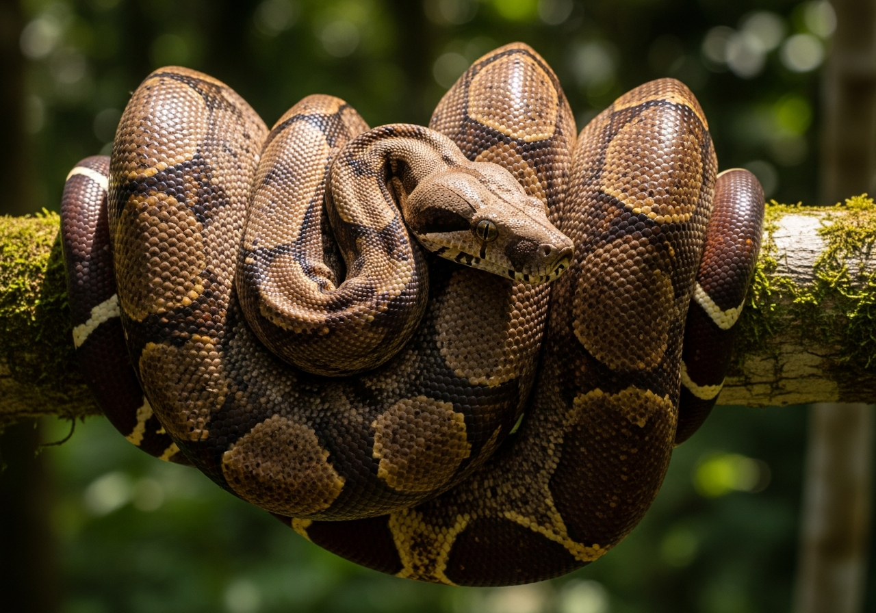 Boa constrictor with brown saddle markings coiled around a tree branch