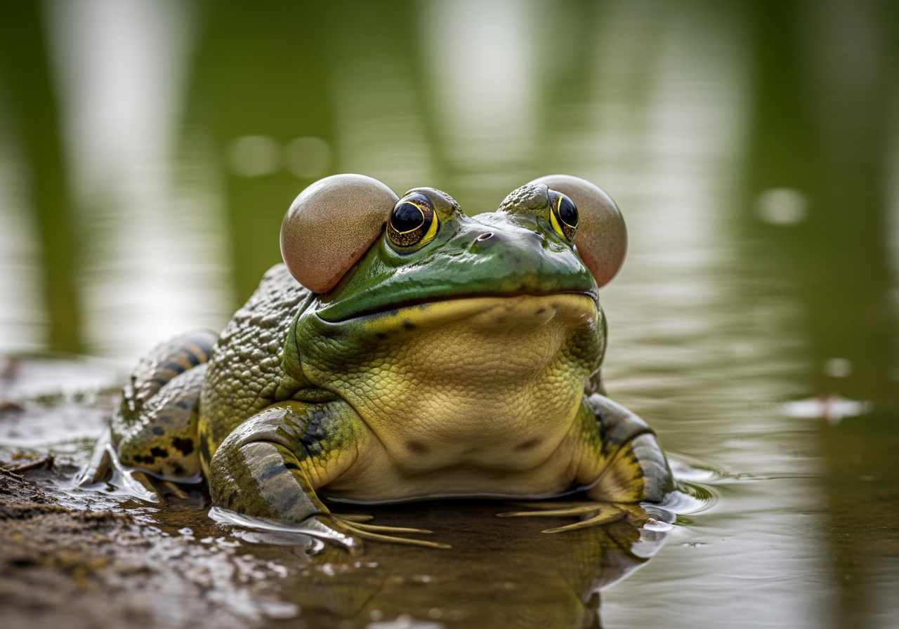 Large green American bullfrog sitting at the edge of a pond among reeds