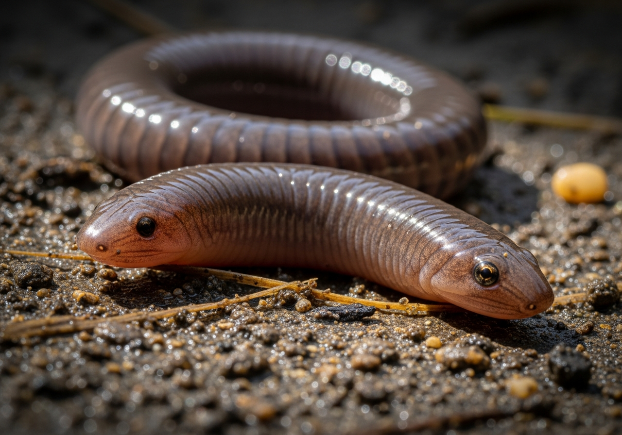 Smooth limbless caecilian resembling a large earthworm crawling across damp soil