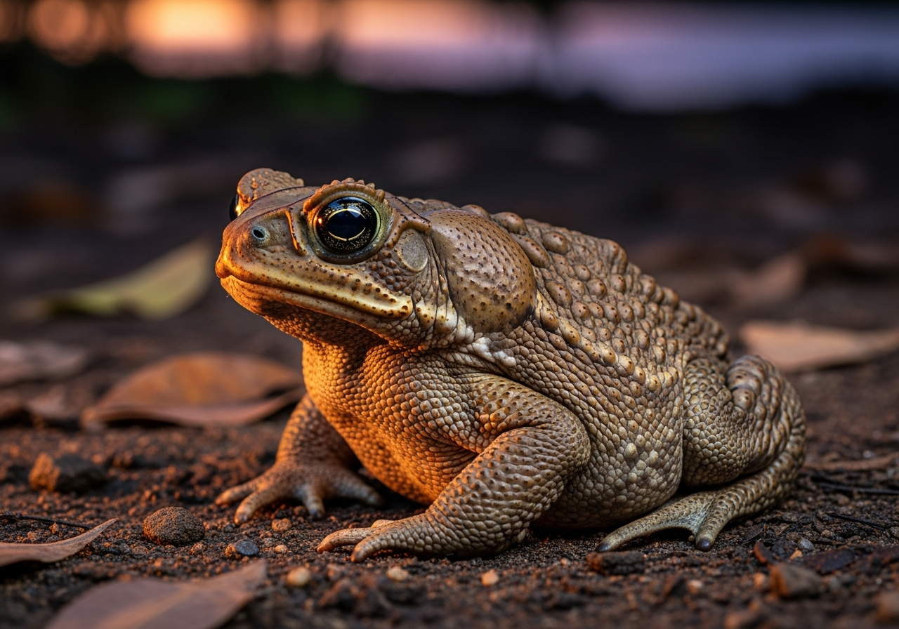 Large brown warty cane toad sitting on damp soil at night