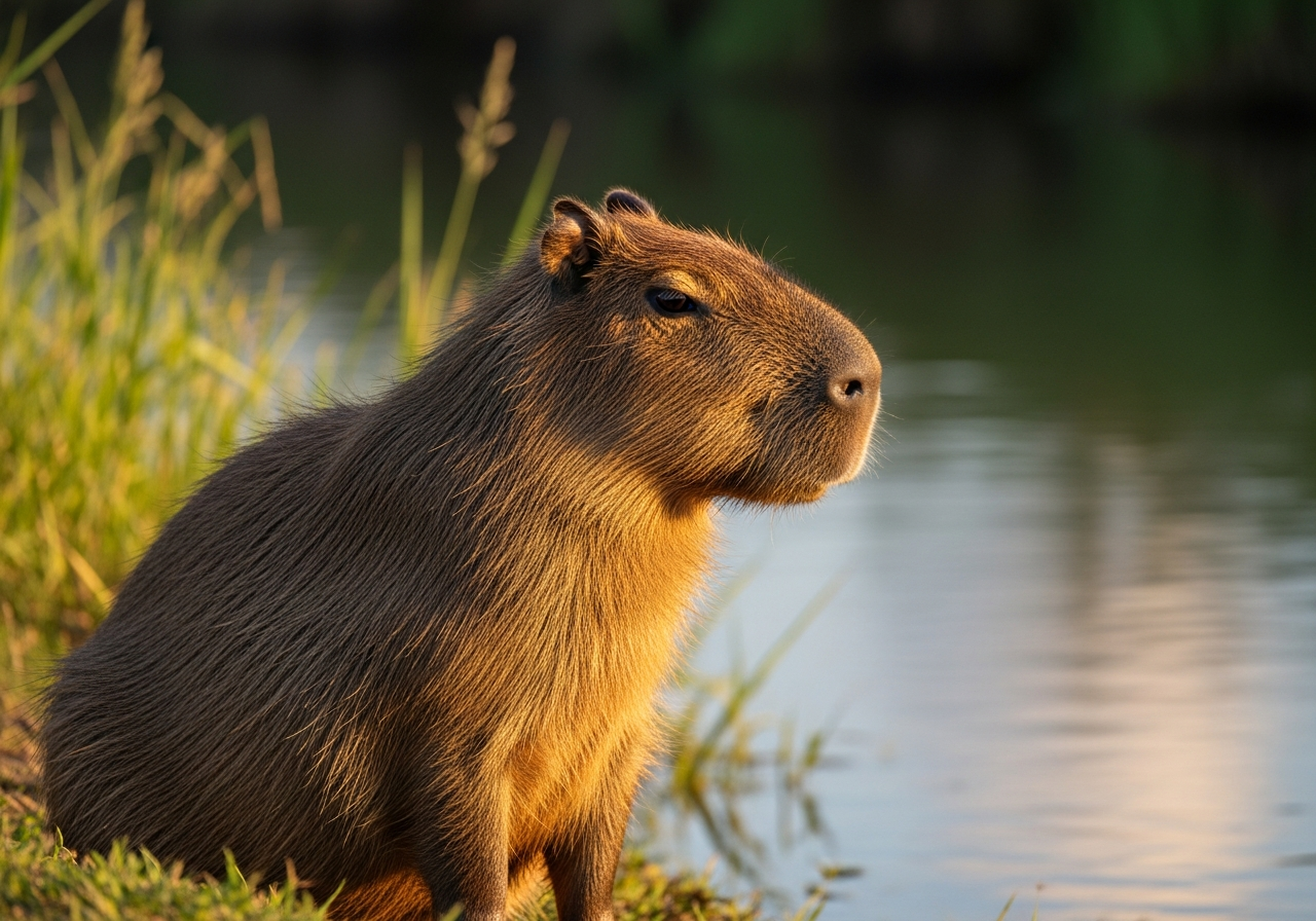Capybara with brown fur sitting at the edge of a river surrounded by greenery