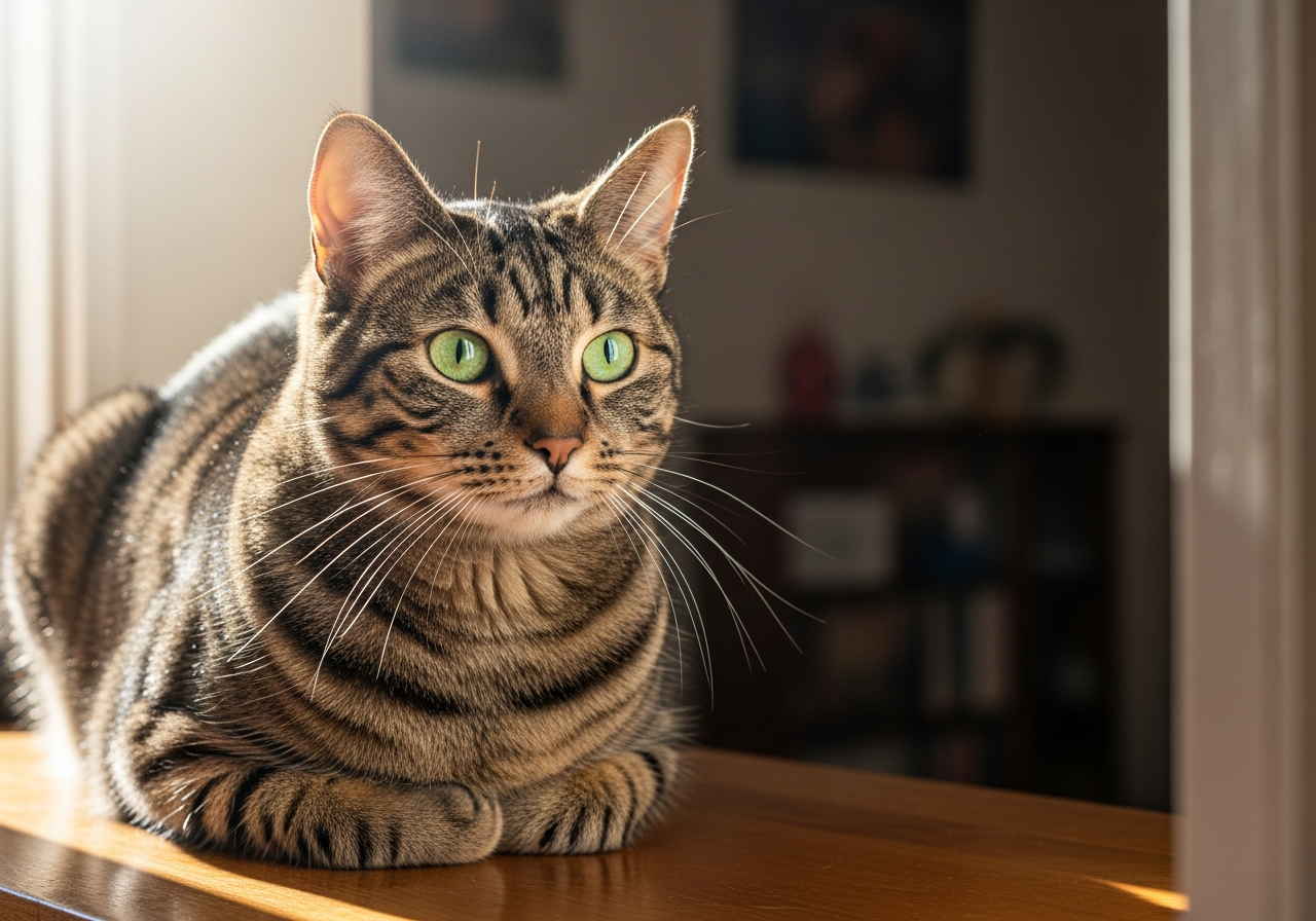 Domestic tabby cat with green eyes sitting beside a sunlit window