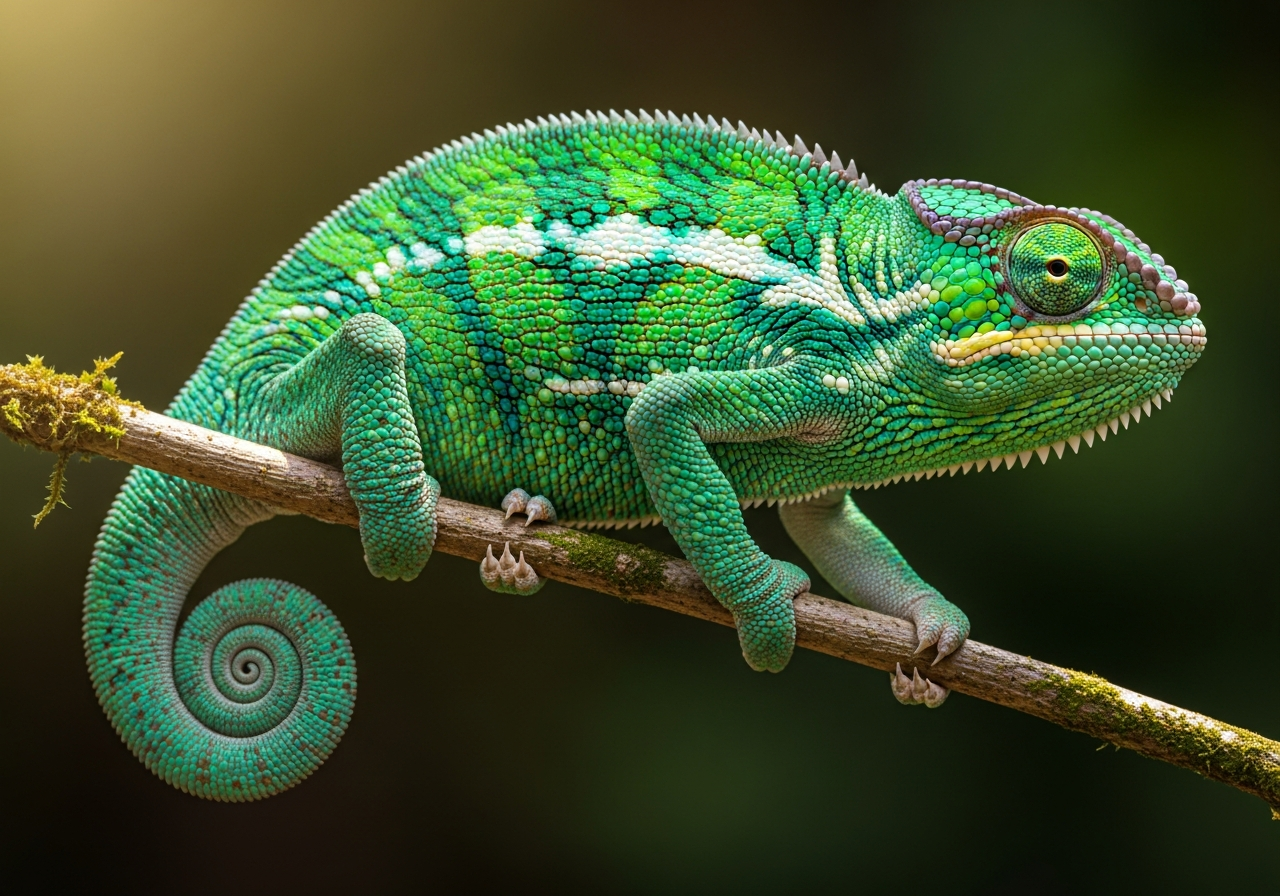 Colorful chameleon gripping a thin branch with curled tail