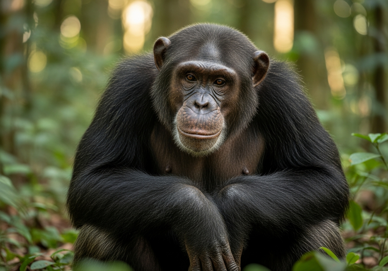 Chimpanzee sitting in a lush rainforest with a thoughtful expression