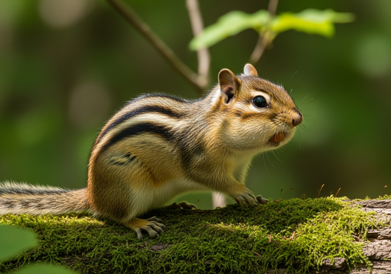 Eastern chipmunk with striped back and full cheek pouches perched on a mossy log