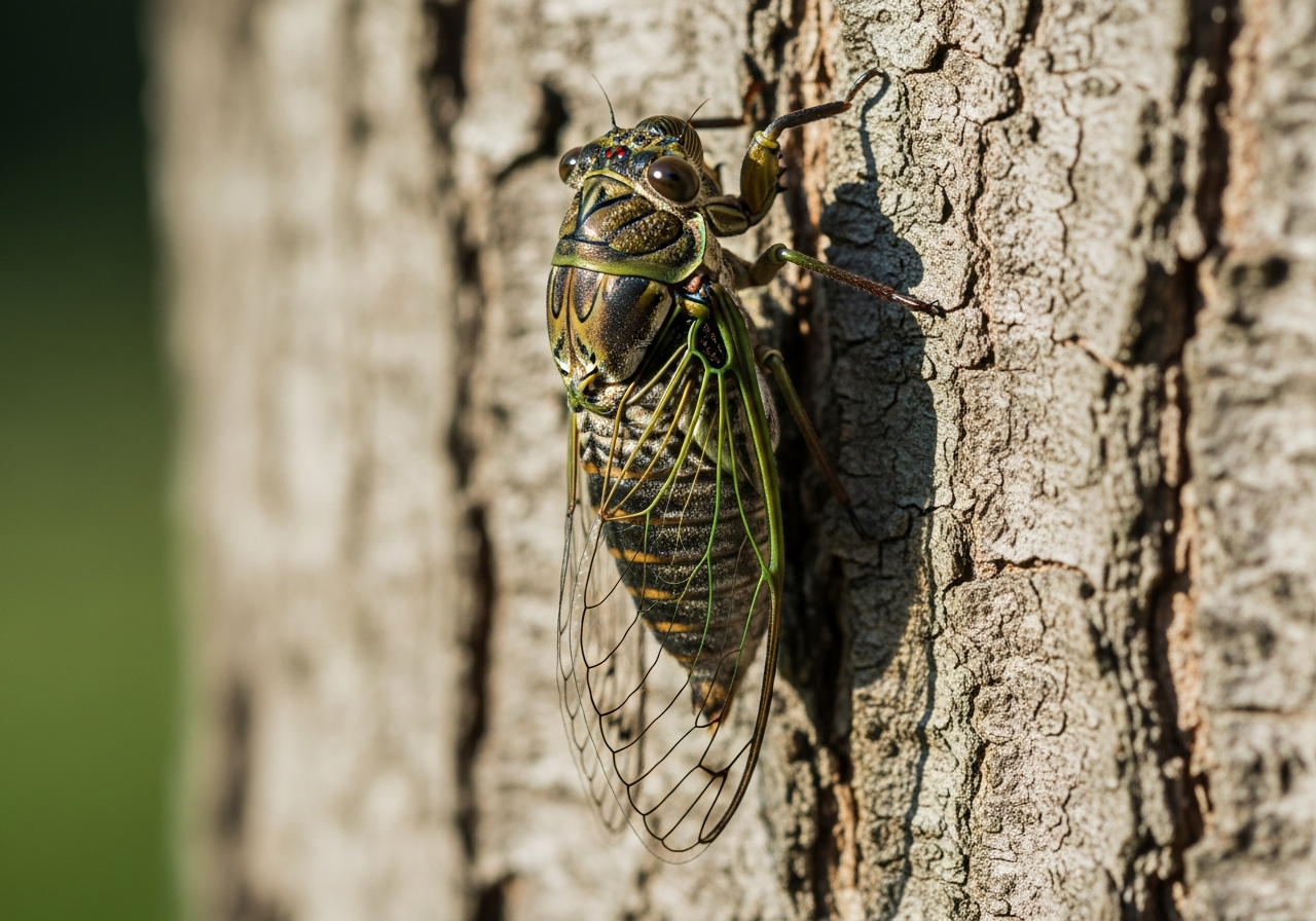 Cicada with clear veined wings clinging to a tree trunk