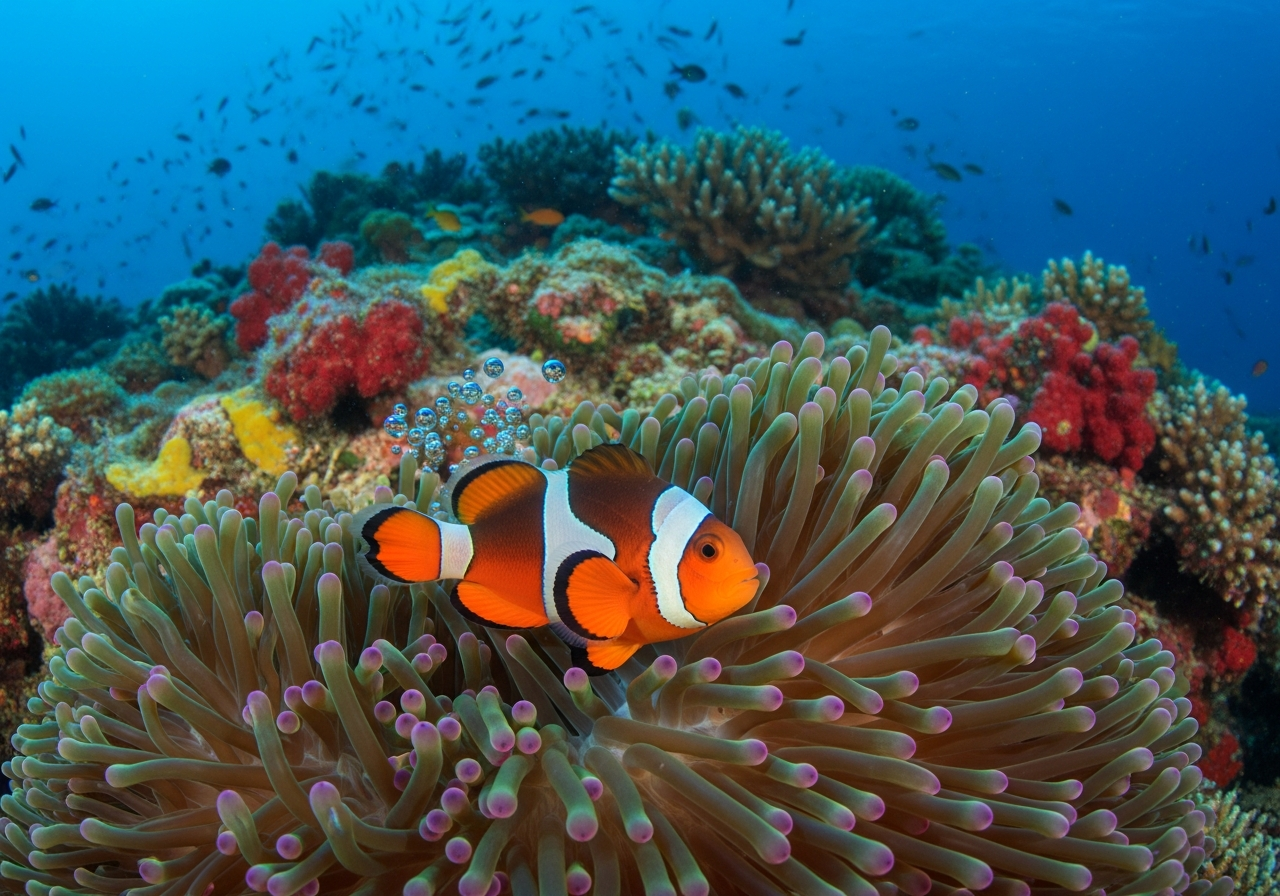 Orange and white clownfish nestled among sea anemone tentacles