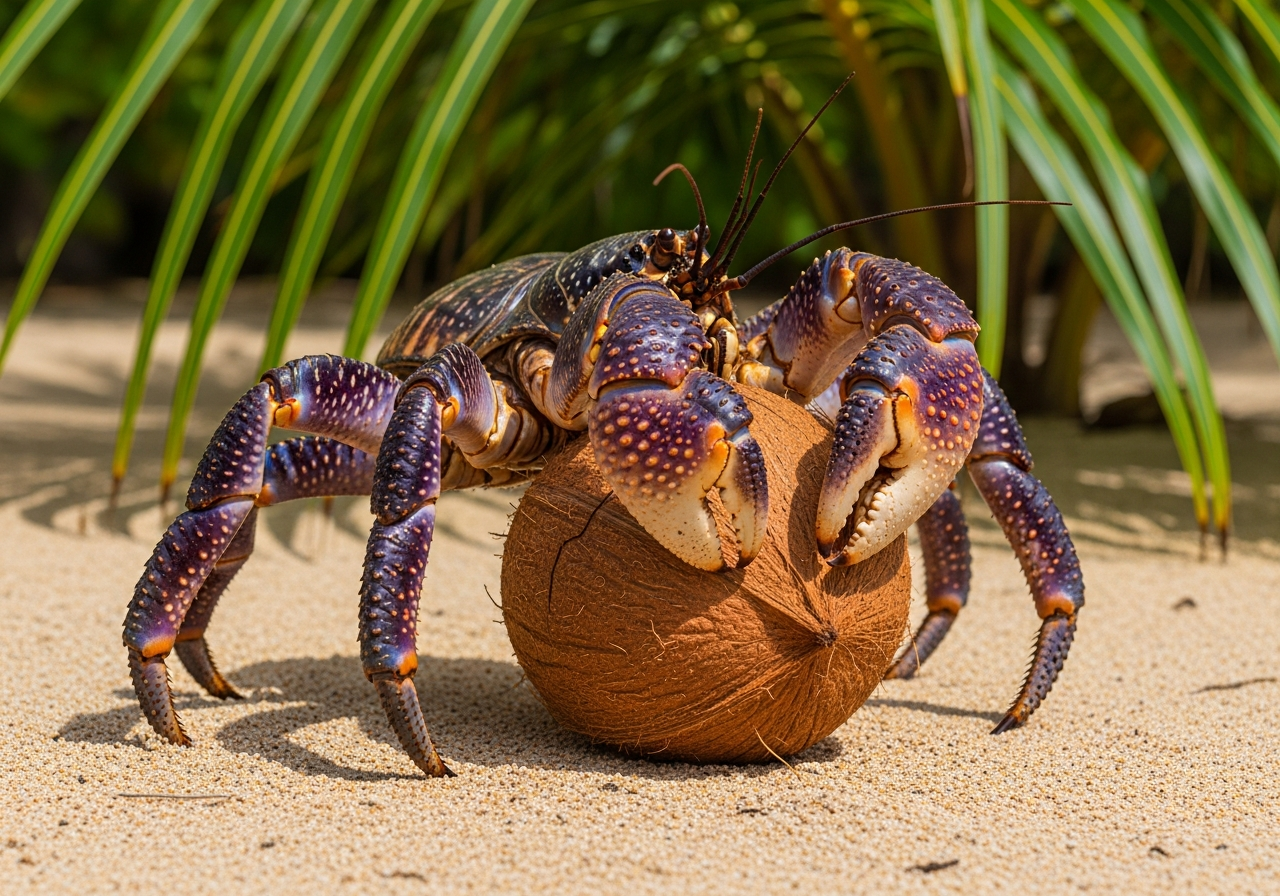 Coconut crab climbing a palm tree trunk at night showing its large orange-brown body and powerful claws