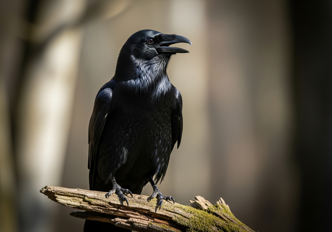 Glossy black common raven perched on a weathered branch with a thick beak