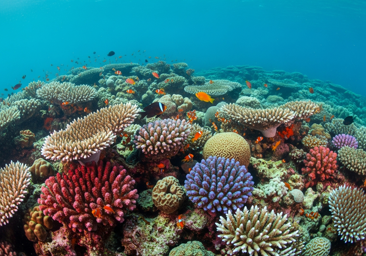 Colorful coral colony with many tiny polyps on a sunlit tropical reef