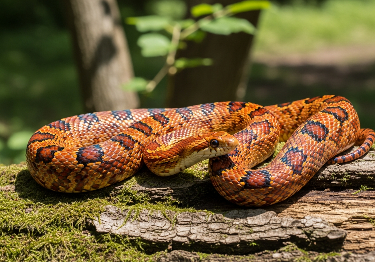 Corn snake with orange and red blotched pattern coiled on a wooden surface