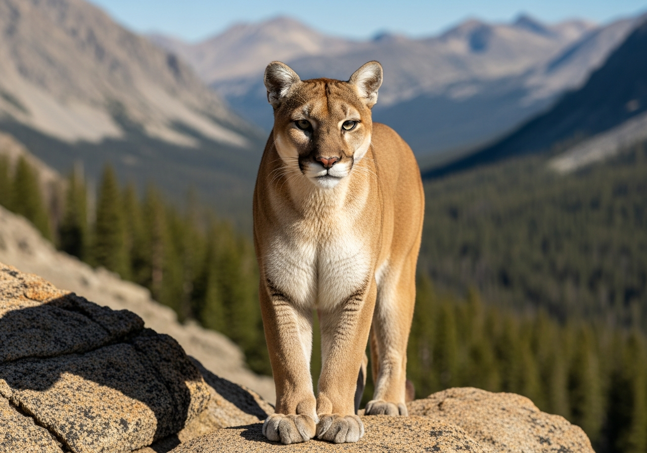 Cougar with tan fur crouched on a rocky outcrop in a mountainous landscape