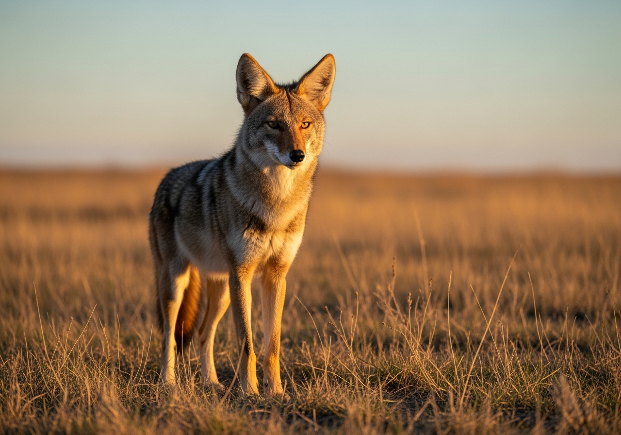Coyote standing alert in a dry North American grassland at golden hour