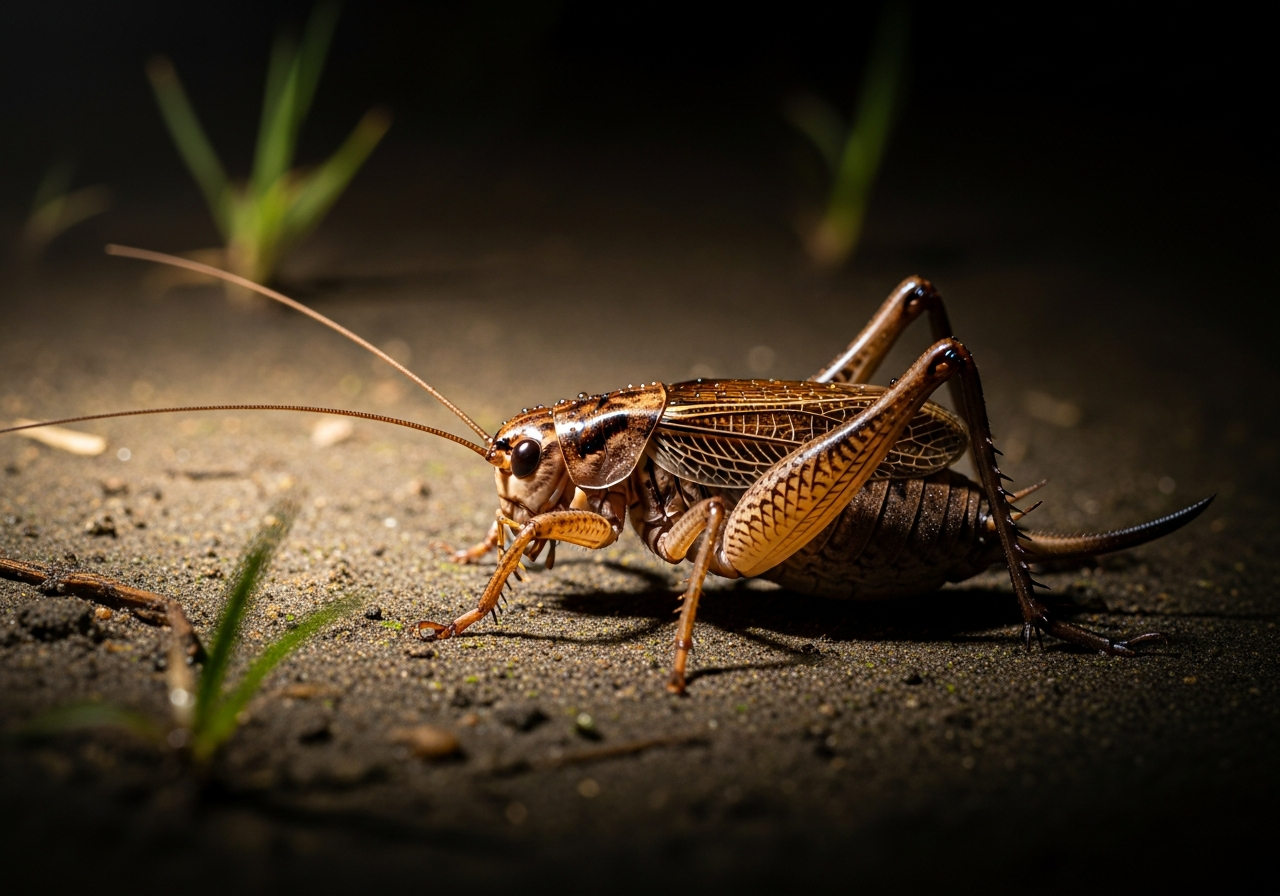 Brown cricket with long antennae and hind legs on the ground