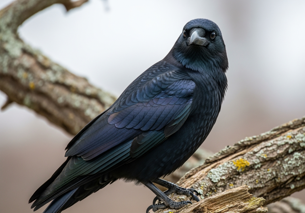 American crow with glossy black feathers perched on a bare branch
