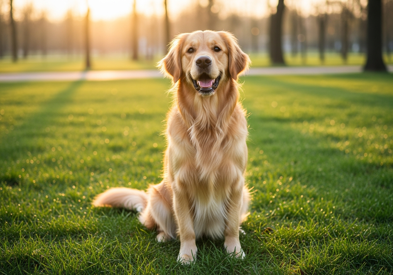 Golden retriever dog sitting on green grass in a sunny park