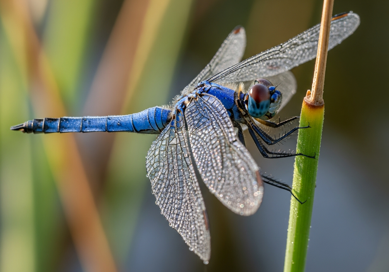 Blue dragonfly with outstretched transparent wings resting on a reed