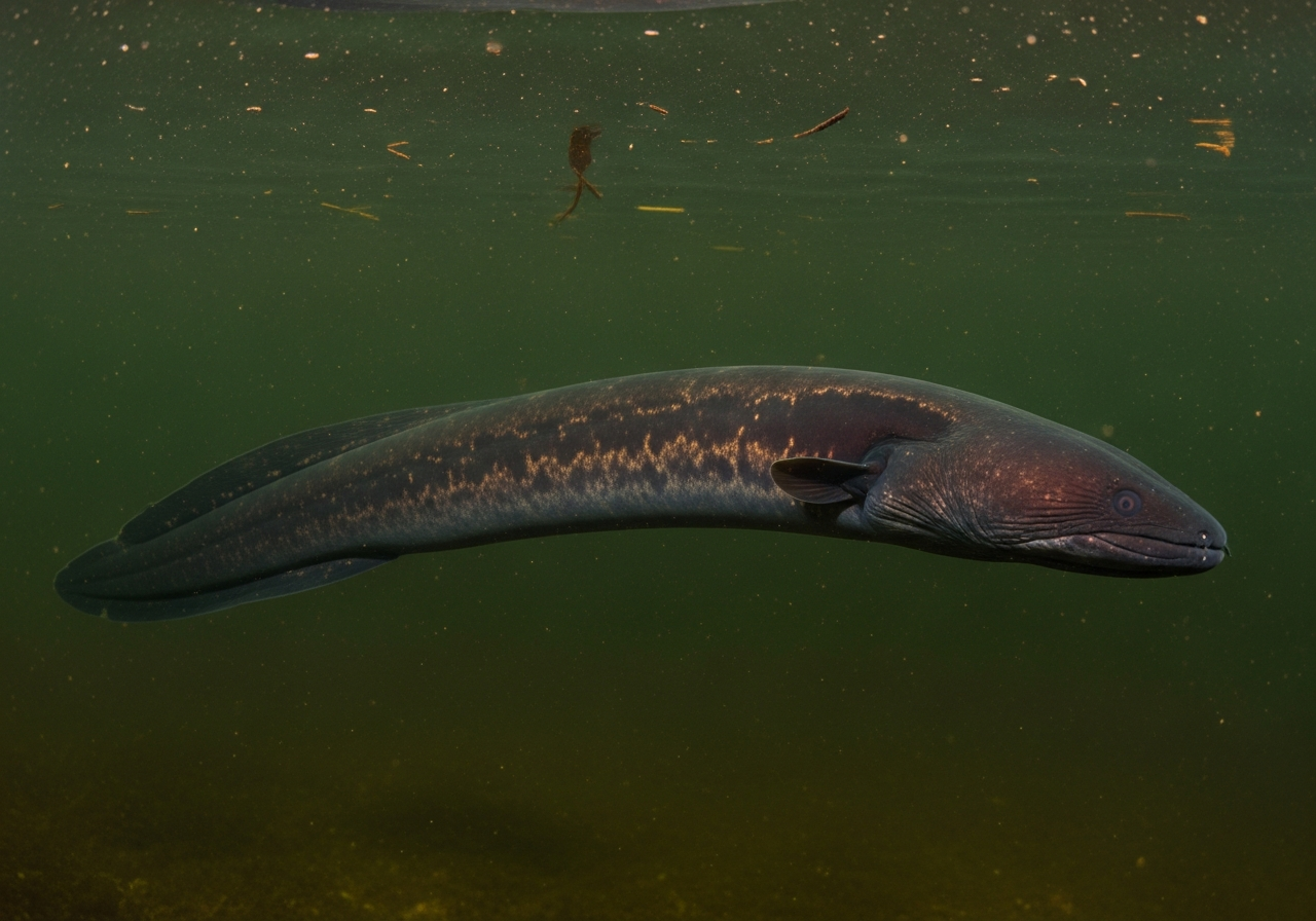 Long dark electric eel swimming through murky freshwater near submerged plants