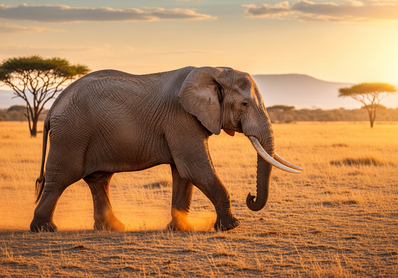 African elephant with large tusks and ears walking across a dusty savanna