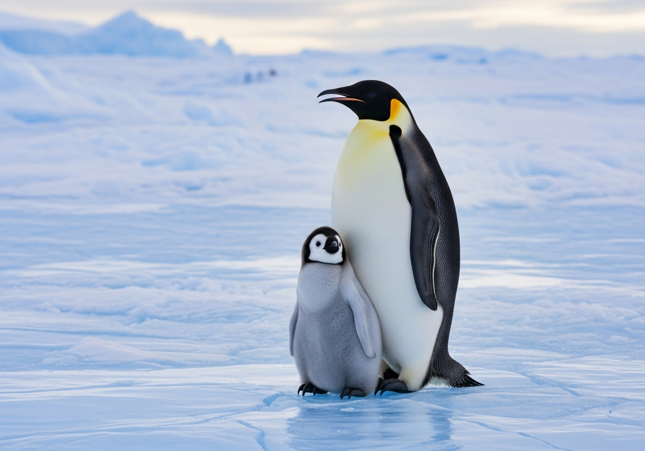 Emperor penguin with a chick standing on Antarctic ice