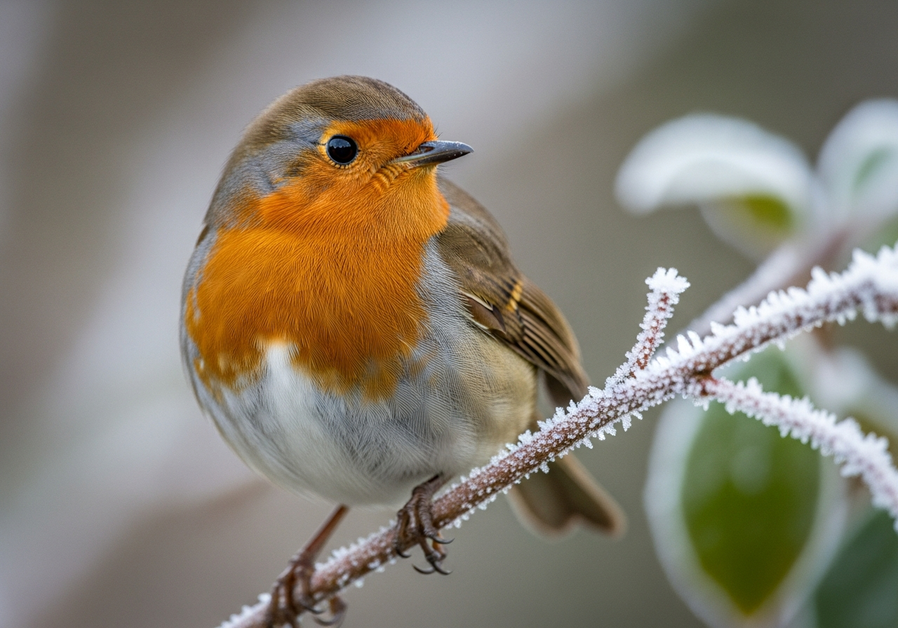 European robin with a bright orange-red breast perched on a frosty twig in winter