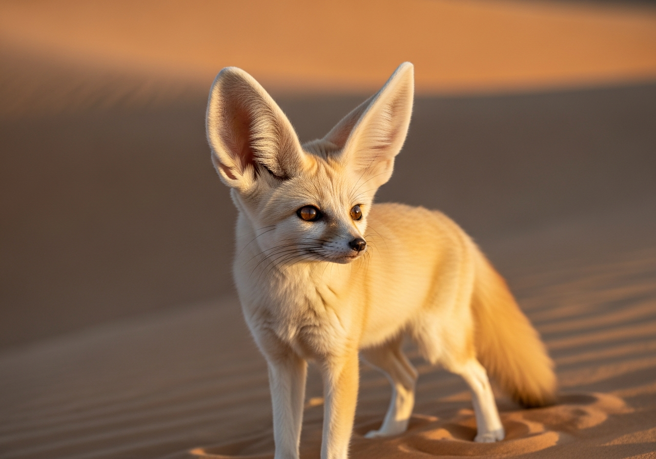 Fennec fox in desert sand, a tiny pale fox with very large ears and dark alert eyes