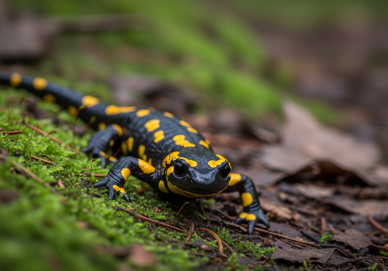 Glossy black fire salamander with bright yellow markings on a mossy forest floor