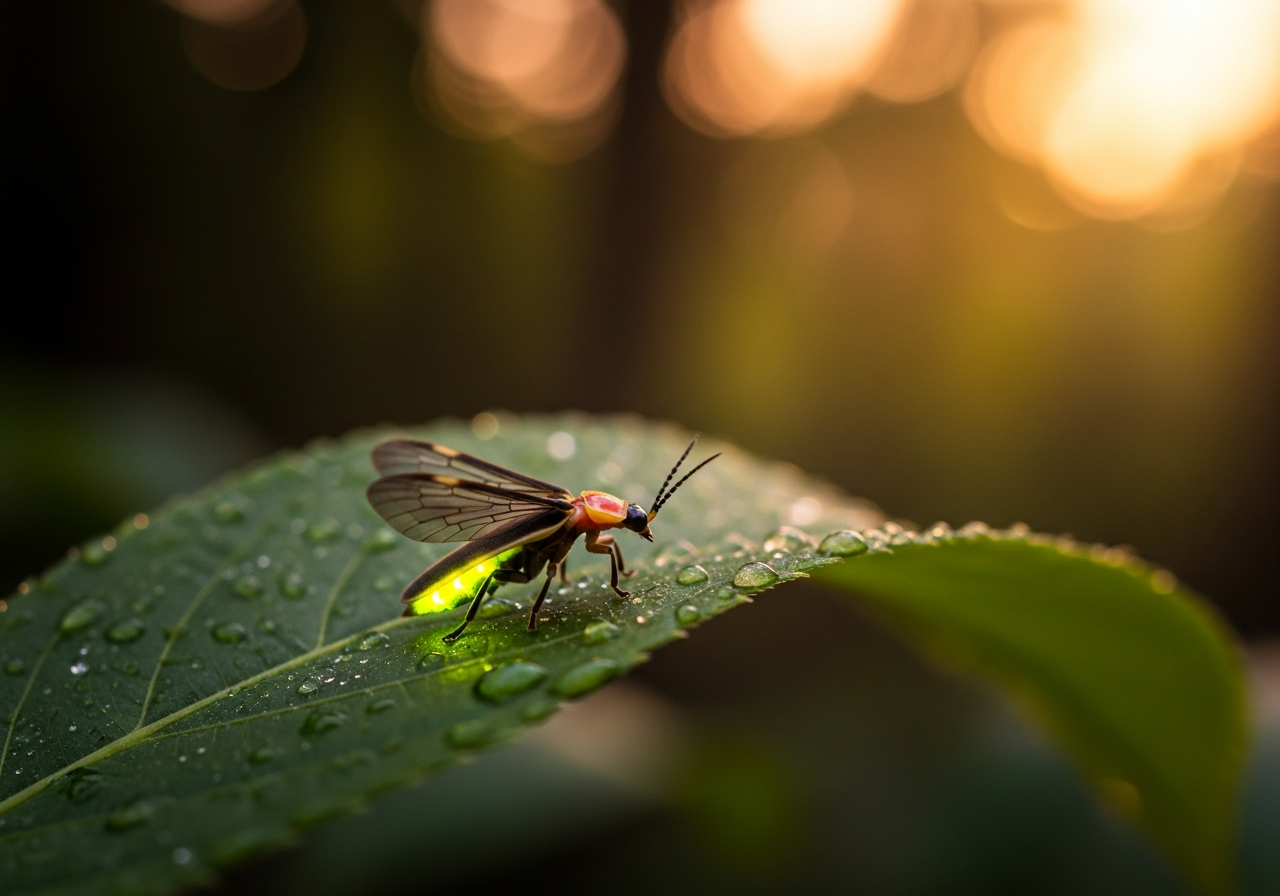 Firefly glowing yellow-green on a leaf in the dark