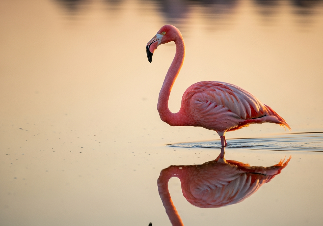 Greater flamingo standing in shallow water at golden hour with reflection