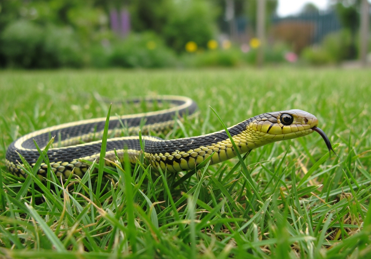Garter snake with yellow stripes along a dark body resting in green grass