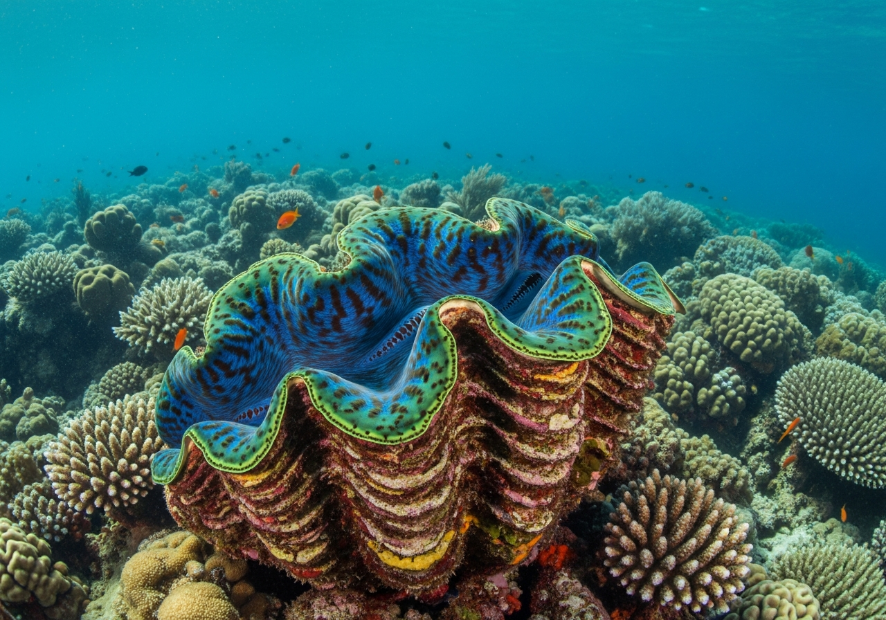 Giant clam on a coral reef with brightly colored, wavy mantle tissue