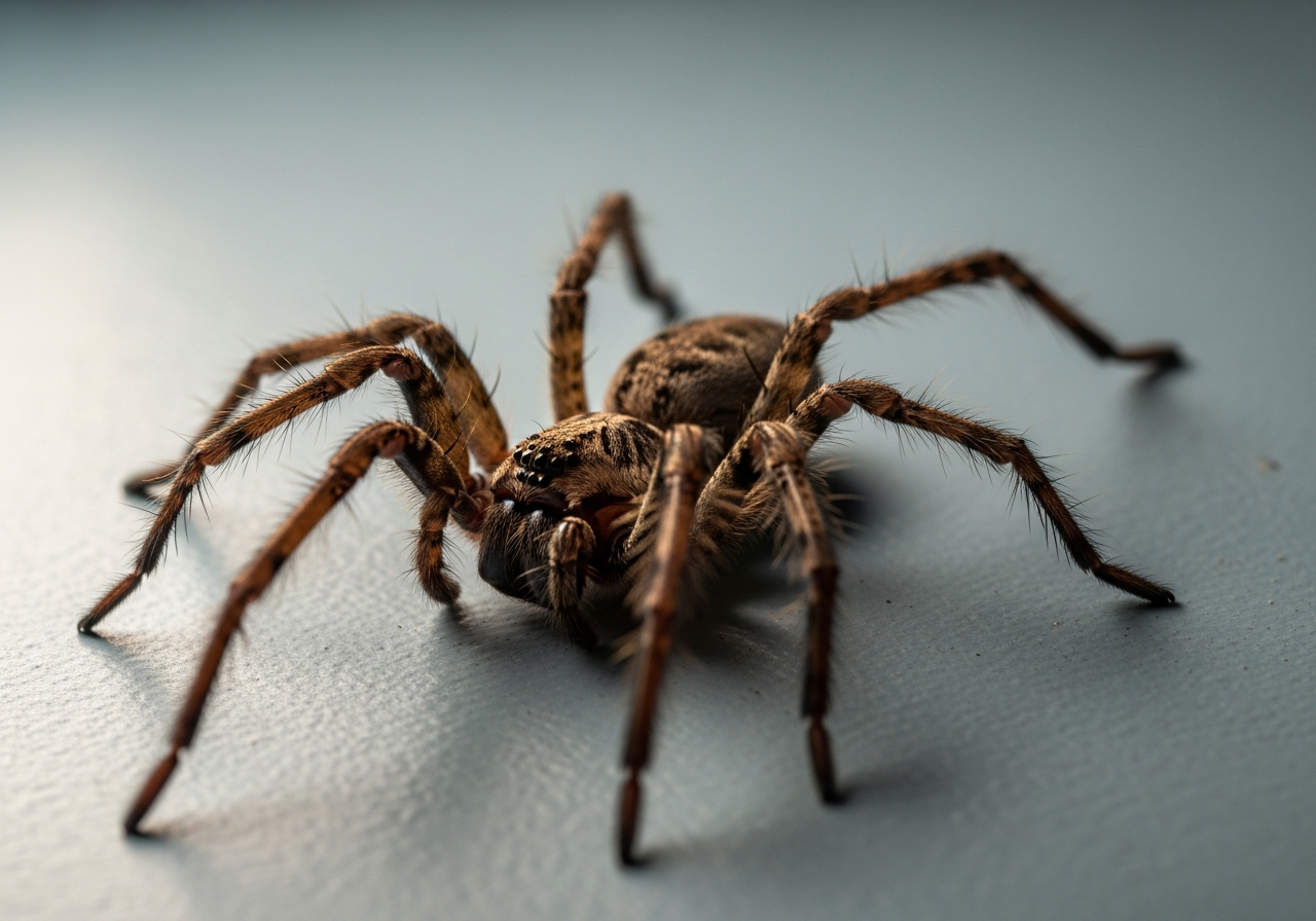 Giant house spider with long brown legs resting on a pale surface showing its large size
