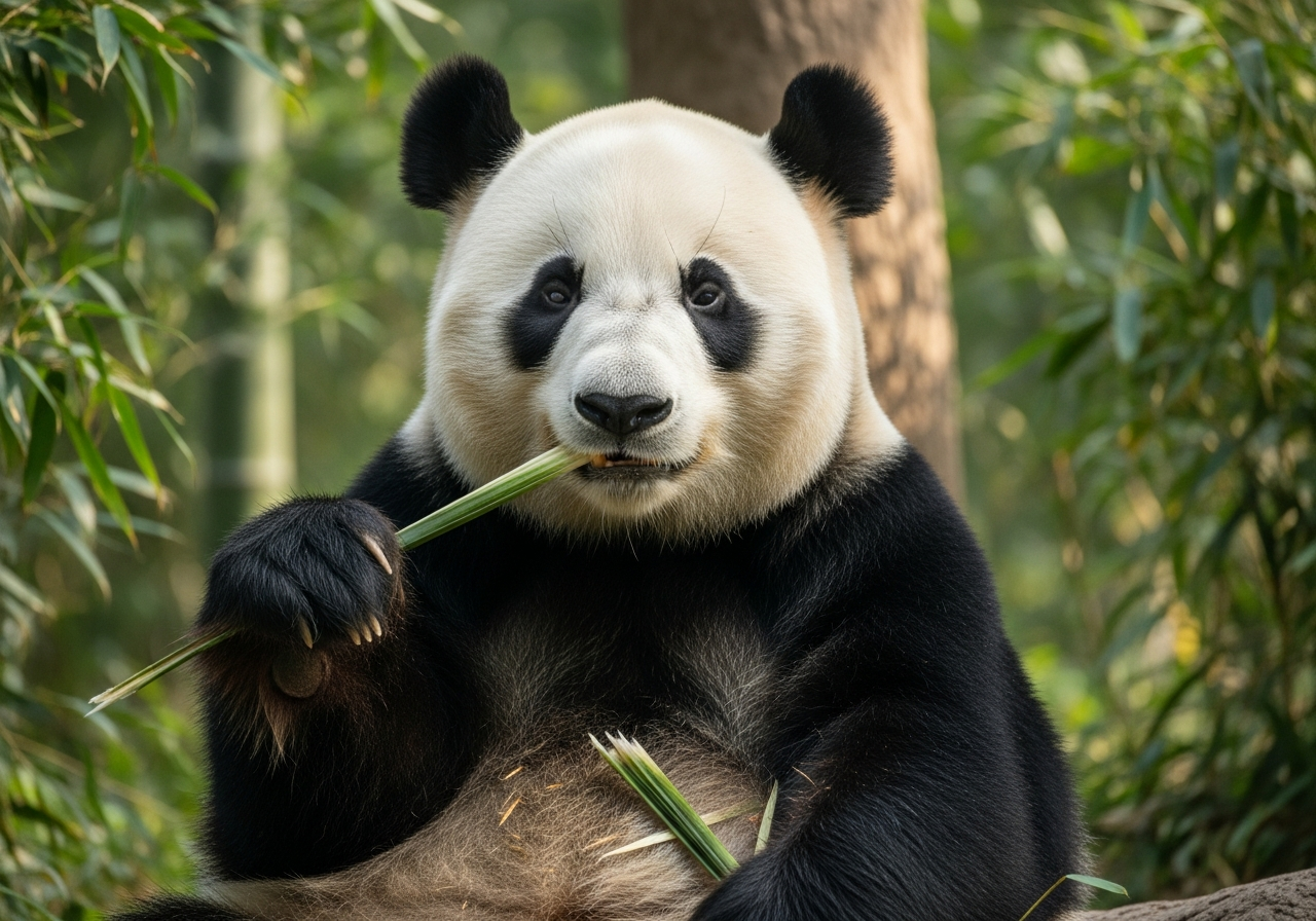 Giant panda sitting and eating a stalk of bamboo in a green forest