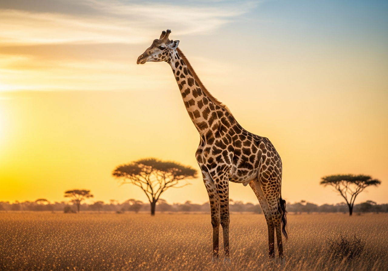 Giraffe standing among acacia trees on the African savanna at golden hour
