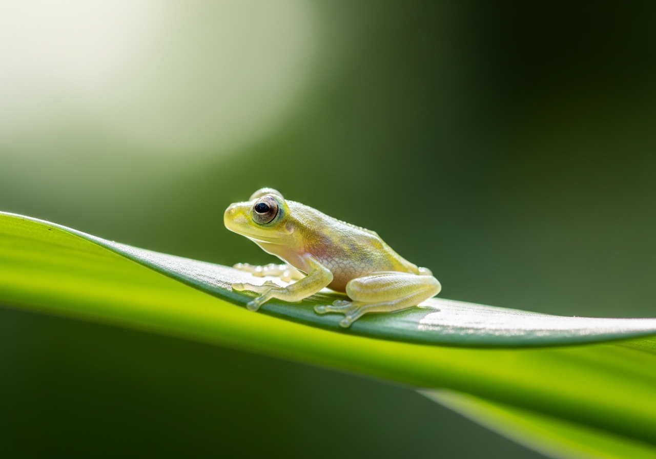 Tiny translucent glass frog on a leaf with internal organs visible through its skin
