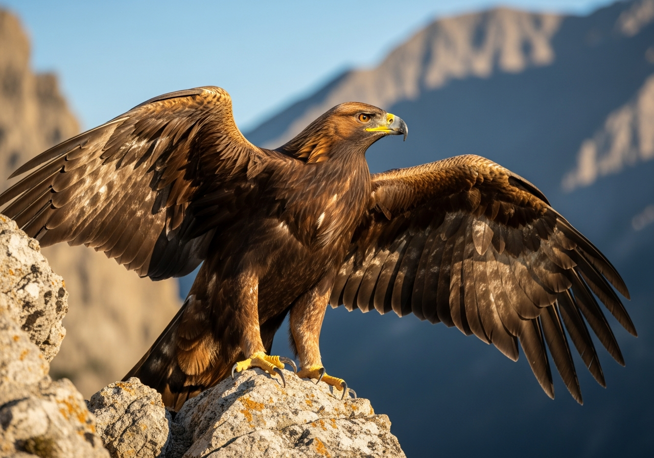 Golden eagle perched on a rocky crag showing golden-brown nape feathers and powerful talons