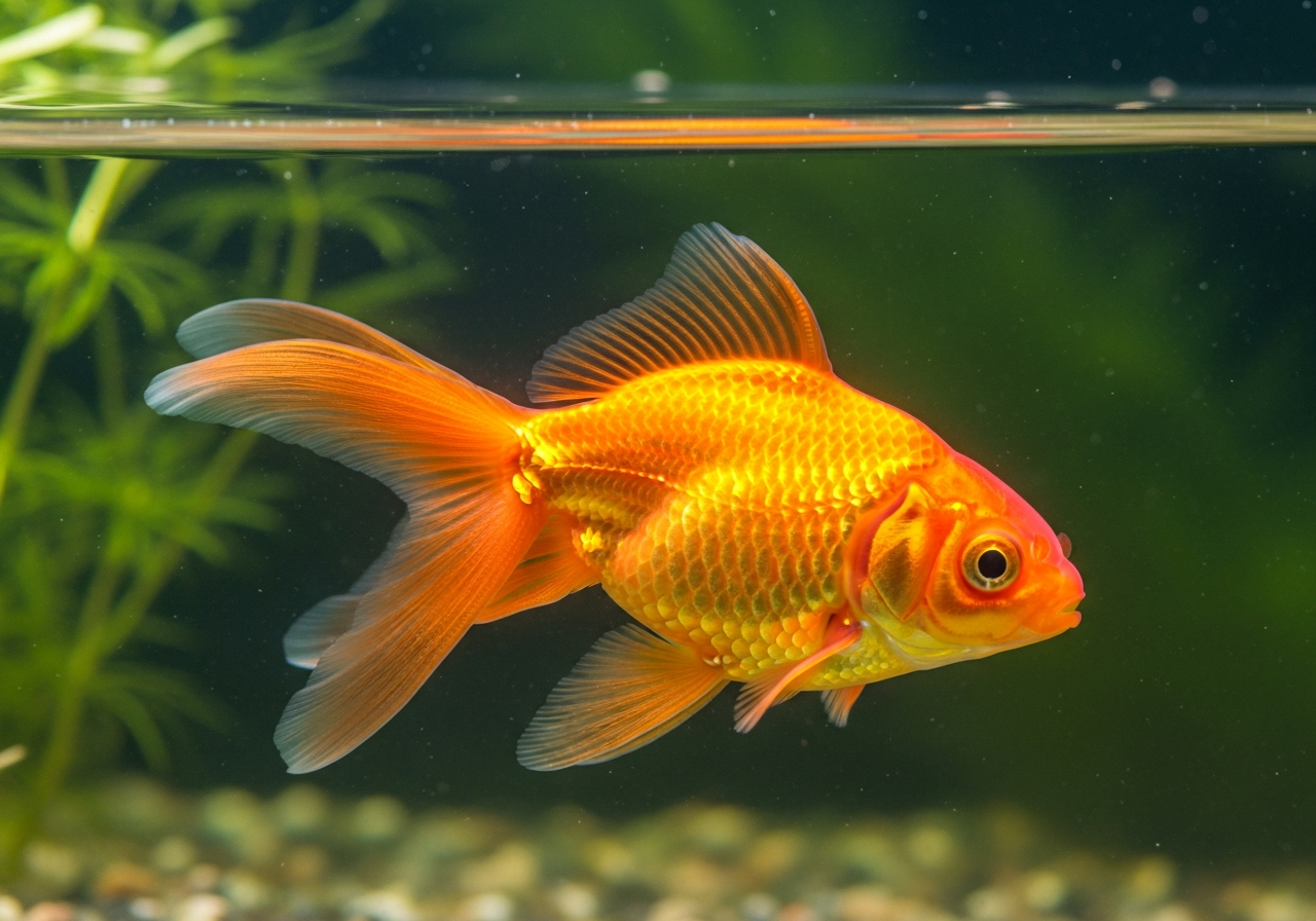 Bright orange goldfish swimming in clear aquarium water