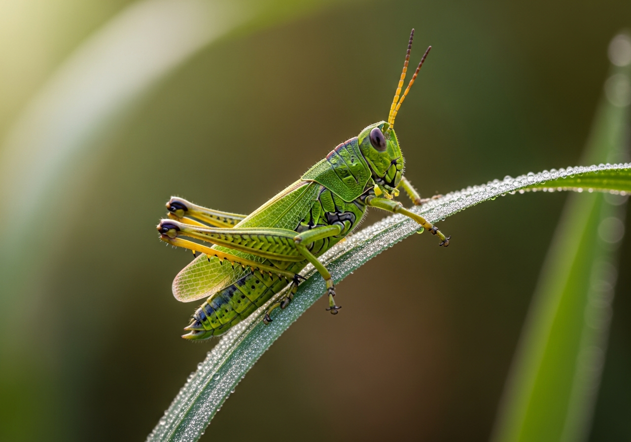 Green grasshopper with long hind legs perched on a blade of grass